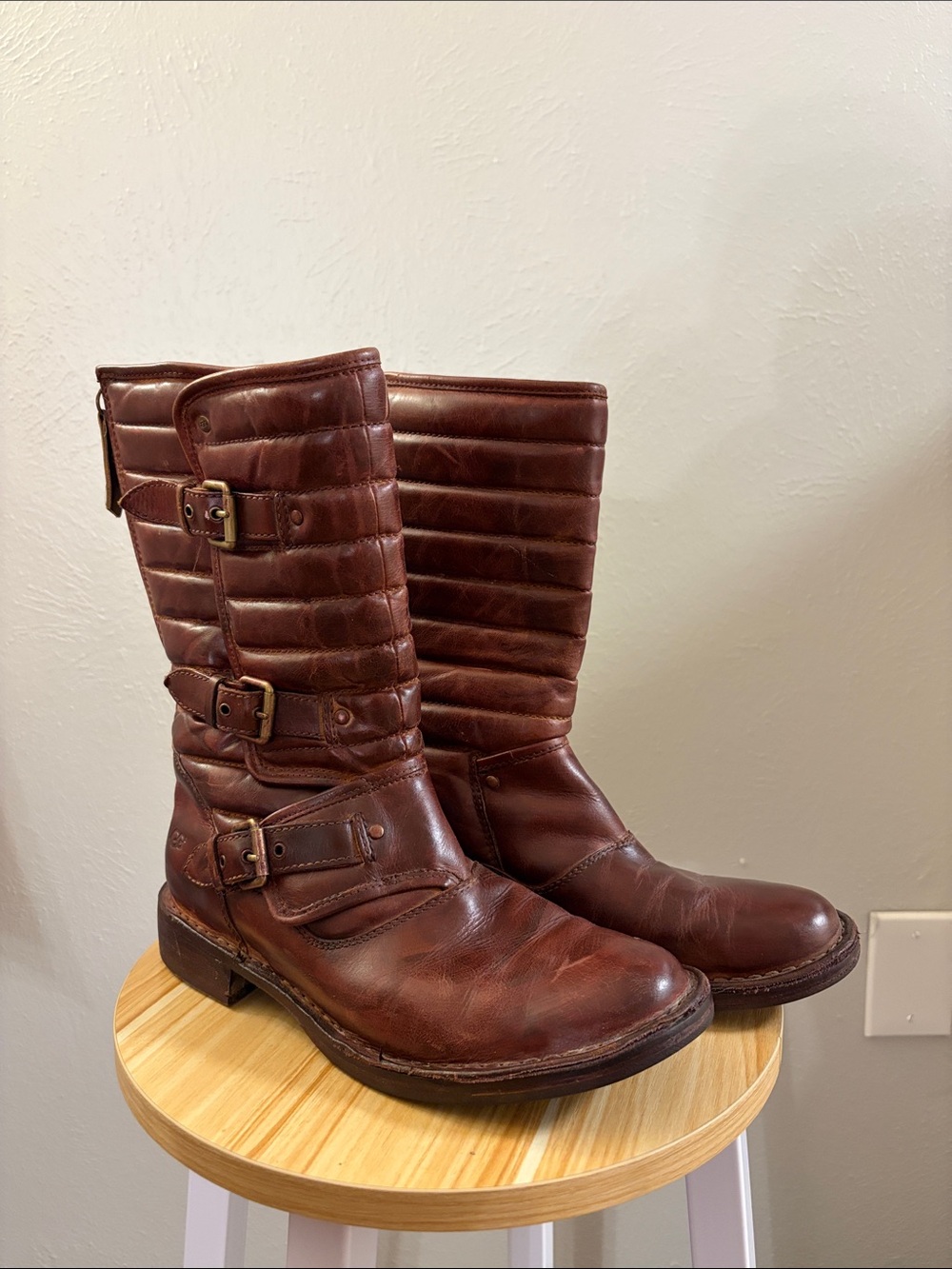 UGG Austria Brown Quilted Leather Mid-Calf Buckle Boots